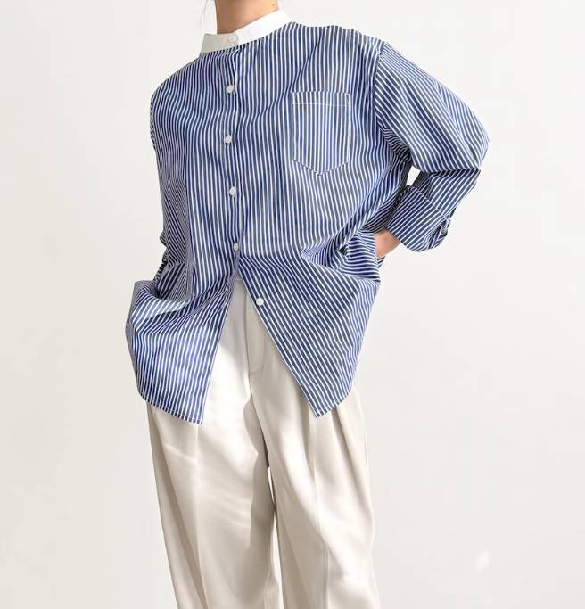 売切必至ストライプシャツ レディース トップス シャツ 前開き 長袖 スタンドカラー 胸ポケット かわいい 大人可愛い シンプル おしゃれ かっこいい メンズライク マニッシュ ボーイッシュ クール
