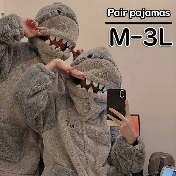 パジャマ 冬 もこもこ モコモコパジャマ ふわふわ ルームウェア サメ柄 レディース メンズ あったか 面白い ペア 大きいサイズ 前開き フード付き ポケット付き 部屋着 長袖 ズボン オーバーサイ