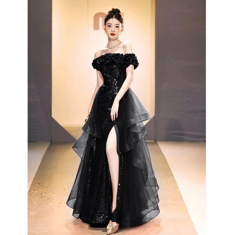 イブニングドレス ブラック ワイン赤 オフショルダー キラキラドレス スパンコール 発表会ドレス ロングドレス 黒 ワインレッド 結婚式ドレス 二次会ドレス オフショル スリット フレア フリル 可愛