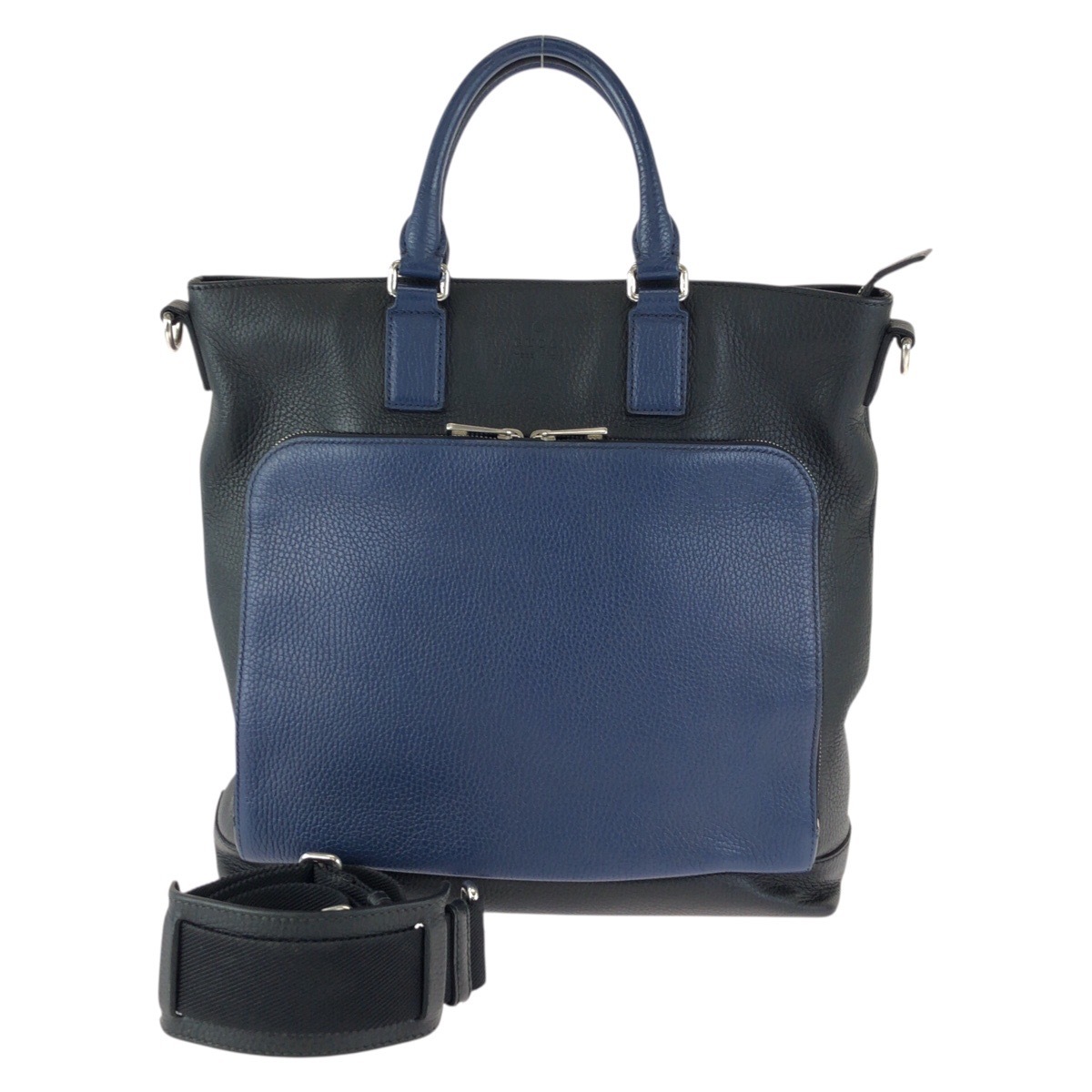 美品 コスモポリス 2way ネイビー ブラック シルバー金具 レザー 406463 ショルダーバッグ トートバッグ メンズ 601381
