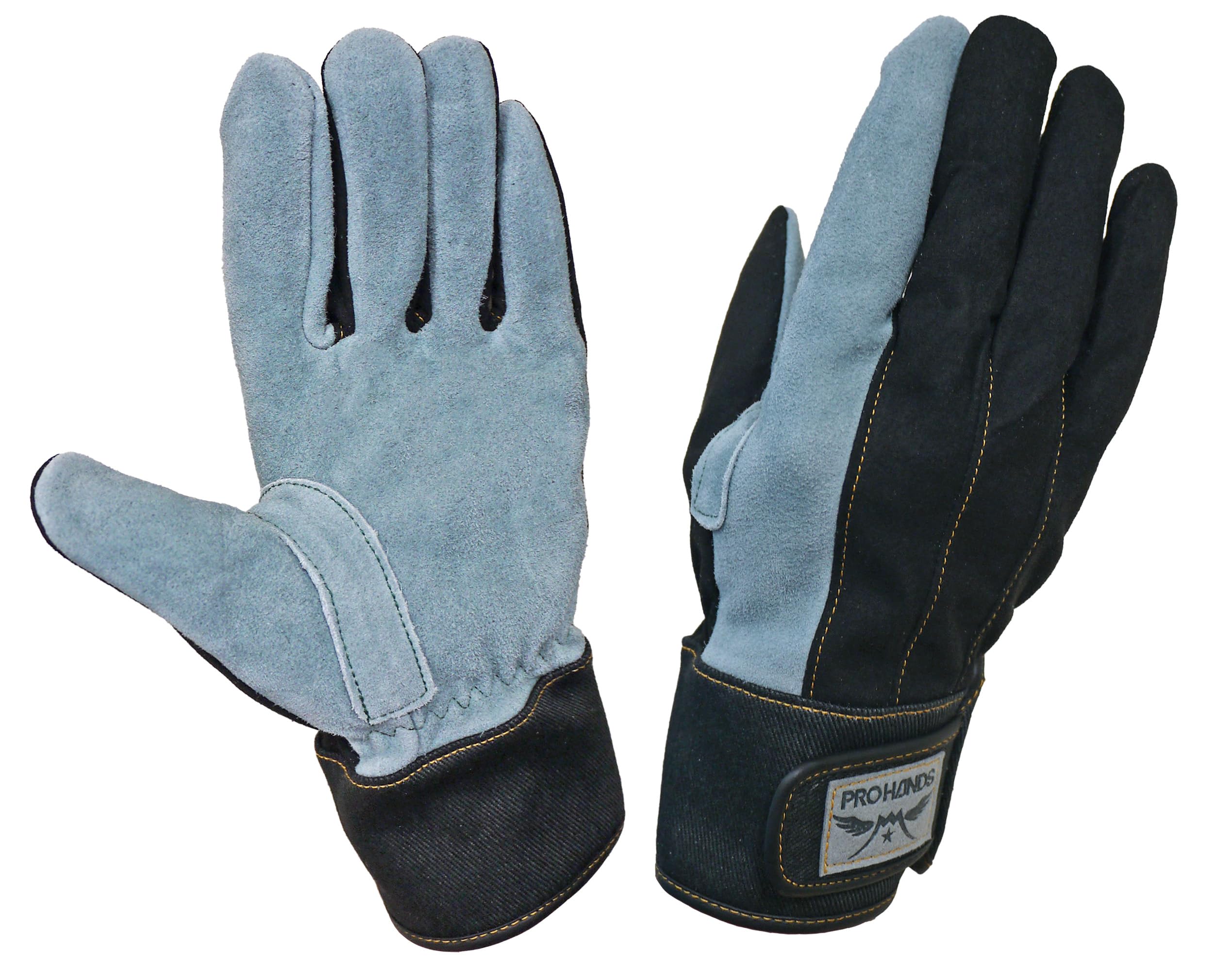 [富士グローブ] 国産牛床皮オイル加工 伸縮性人工皮革(シンクロ) 耐久性 デニム 手首マジックテープ付きオイル皮手袋 S&W ソフト＆ウォッシャブル 高級特殊なめし皮(オイル皮) 使用の逸品 紛失防