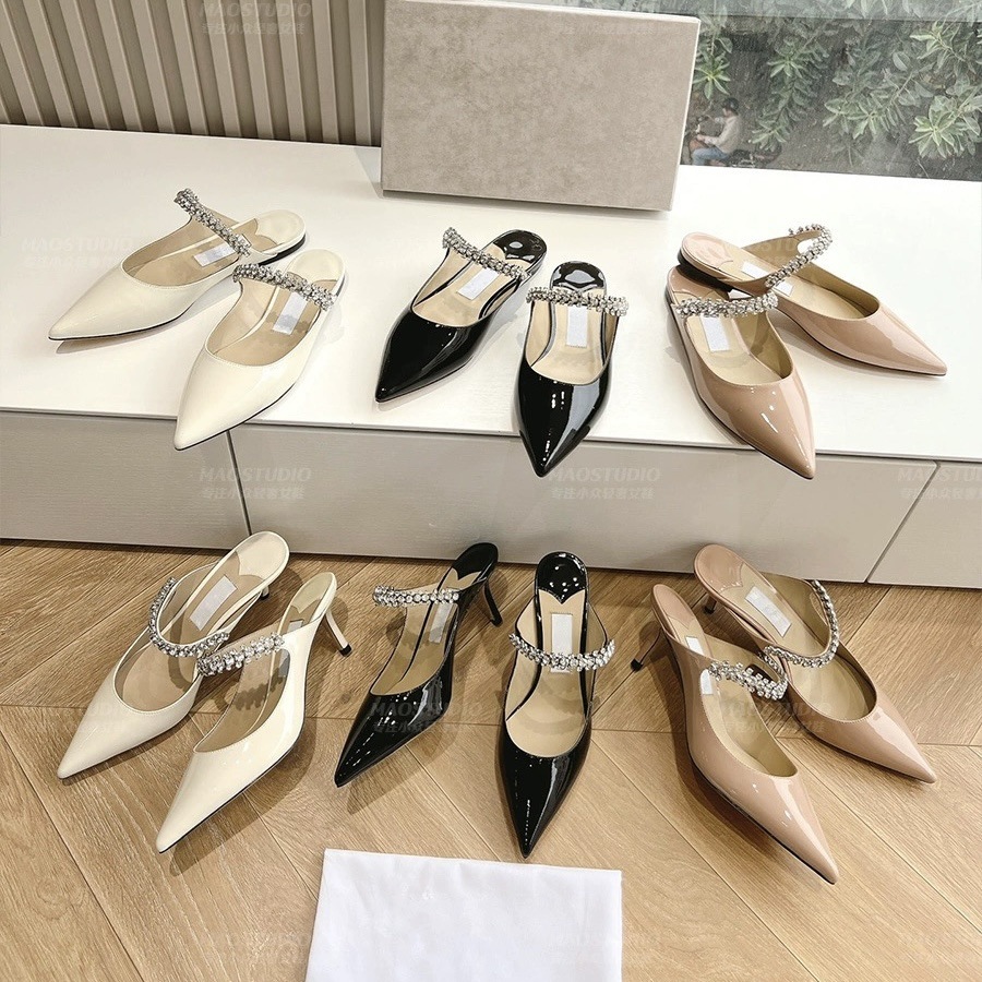 Jc ポインテッドトゥラインストーンサンダル女性用 2024 夏スタイルサンダルパテントレザートゥストラップスティレットハーフスリップハイヒール