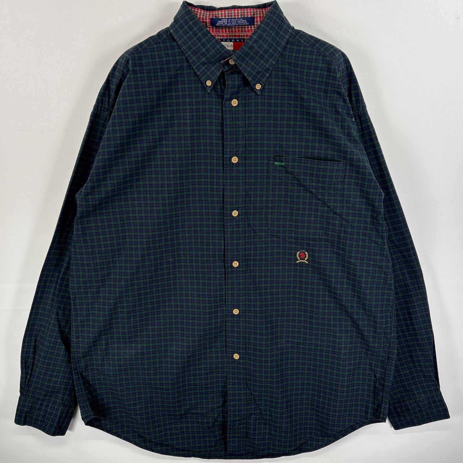 古着 90s/90年代 長袖シャツ ボタンダウンシャツ 胸ポケ フラッグタグ L ネイビー系 チェック メンズ