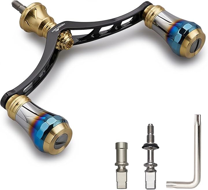 改良 98mm リール ハンドル 6色 70航空アルミ製 シマノ ダイワ 通用 スピニングリール Arch Aurora 95(ゴールド(ノブ)＆ブラック(ハンドル), 98mm)