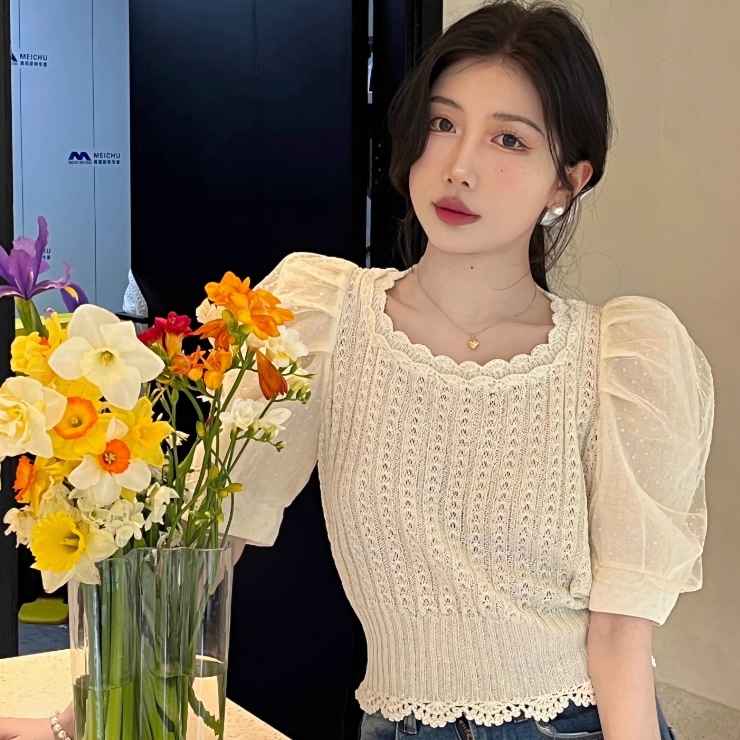 トップス ブラウス ニットソー ショート丈 袖あり 5分袖 ボリューム袖 パフスリーブ ラウンドネック 襟なし 透け感 シースルー サマーニット かわいい 大人可愛い きれいめ 大人 上品 おしゃれ