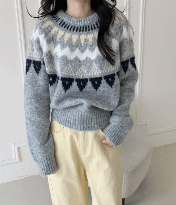 ルーズフィット ノルディック パターン ラウンドネック 長袖 ニット