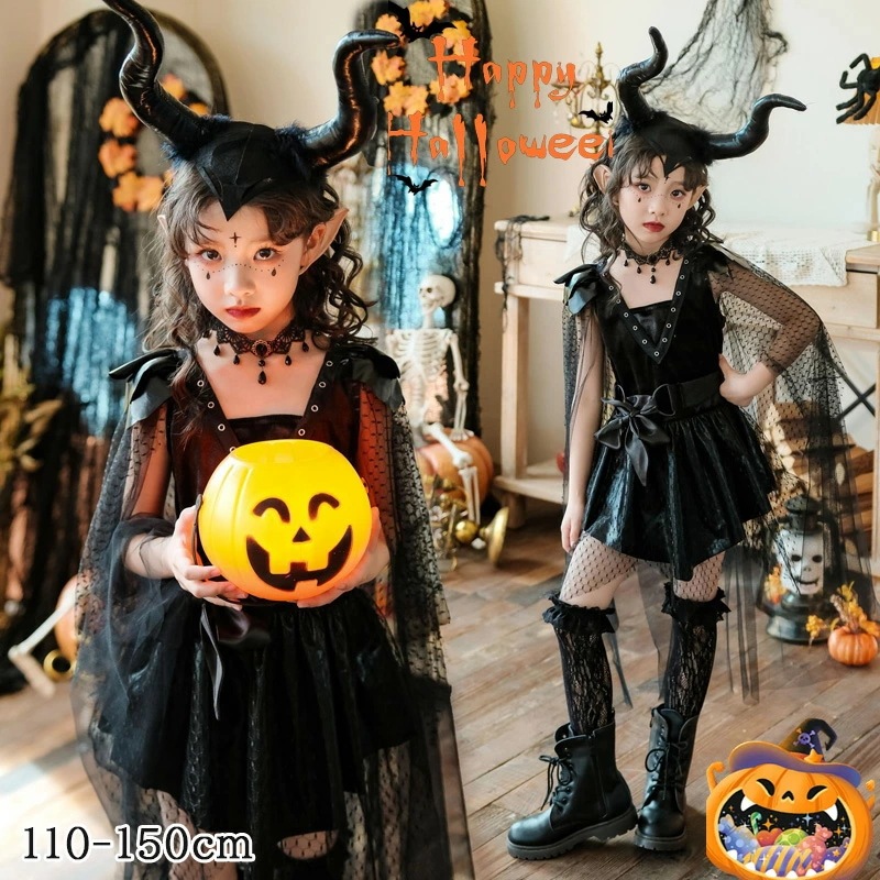 新登場 ハロウィン 仮装 魔女 ヴァンパイア エルフ 女の子 コスチューム ワンピース 舞台 ファッションショー 撮影用 ドレス 子供用 可愛い 怖い 黒牛角 エルフ耳 ネックアクセサリー 黒ソックス