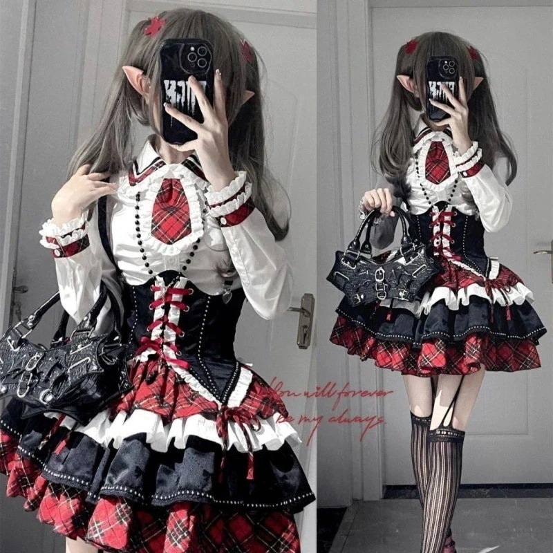 2024 春 ワンピース アメリカンハロウィンサブカルチャー祭ぶつかり色シャツウエストストラップハイウエストポンポンスカート枚セットロリータ 結婚式 ドレス パーティードレス お呼ばれ 披露宴