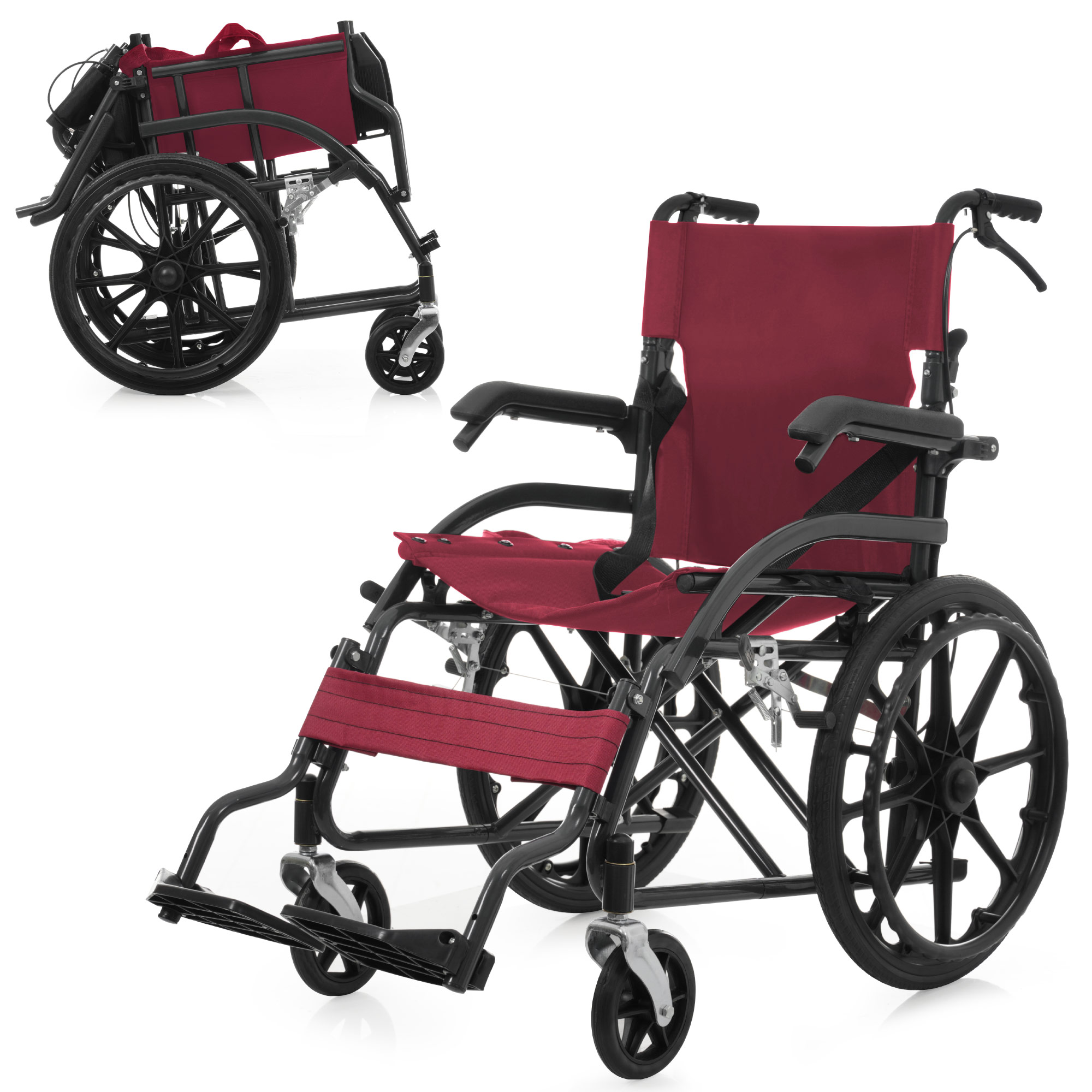 【国内出荷】車椅子 折畳み 自走式 自走介助兼用 自立できる 軽量 コンパクト ノーパンクタイヤ 折りたたみ 収納可能 超軽量 コンパクト 安全ベルトつき 背面ポケット 外出用 介護 福祉用具 ブラッ