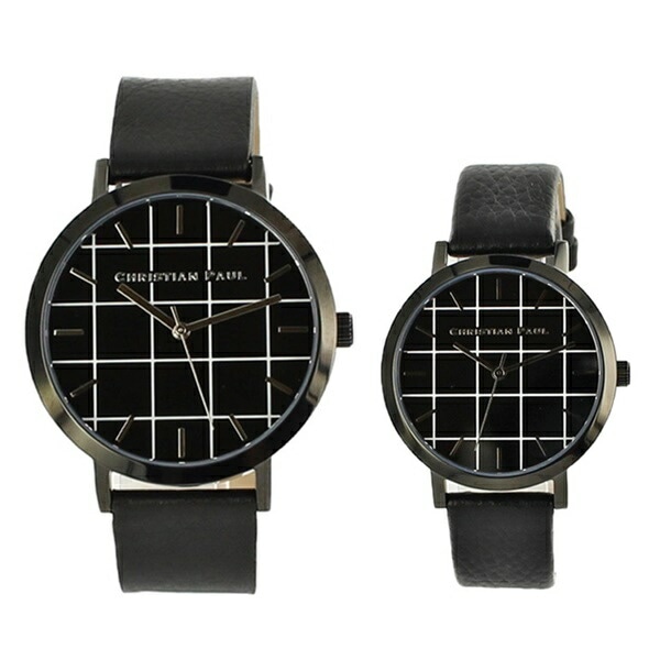 【ペア時計収納BOX付き】クリスチャンポール 腕時計 手表 ペアウォッチ メンズ レディース グリッド 格子柄 チェック ブラック 黒 レザー 天然皮革 GR-01GRL-01 誕生日プレゼント ポイ