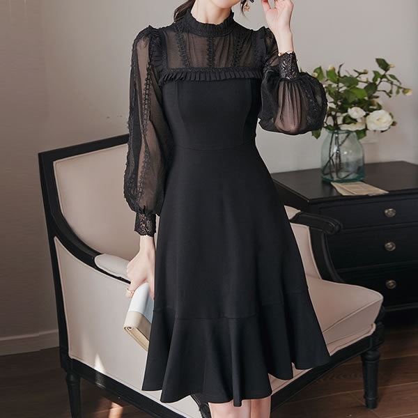 福袋 オルチャン ハイネック レース ワンピース シースルー オルチャンファッション レディース フリル クラシカル 韓国ファッション ドレス サイズ L Crownbrazil Com Br