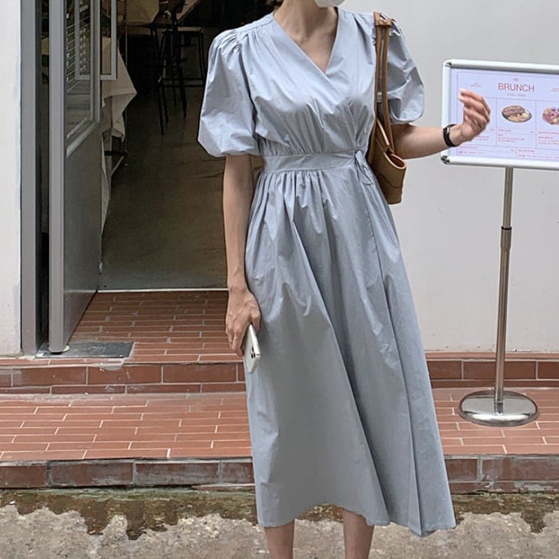 2color レディース ワンピース ロング丈 パフスリーブ 半袖 プルオーバー ガーリー