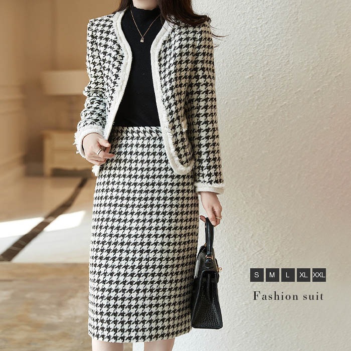 2点セット スカート ミディアム 秋冬 千鳥柄 セットアップ ジャケット 長袖 秋 冬 コート ミディアムスカート ゆったり きれいめ aライン ファッション 大人 春 上品 カジュアル 通勤 体型カ
