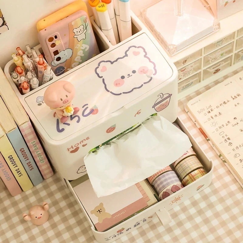 ペンケース収納箱ティッシュティッシュケース一体学生デスクトップ多機能オフィス子供女の子可愛い創意的な文具寮机に飾り良い物神器職場実用装飾