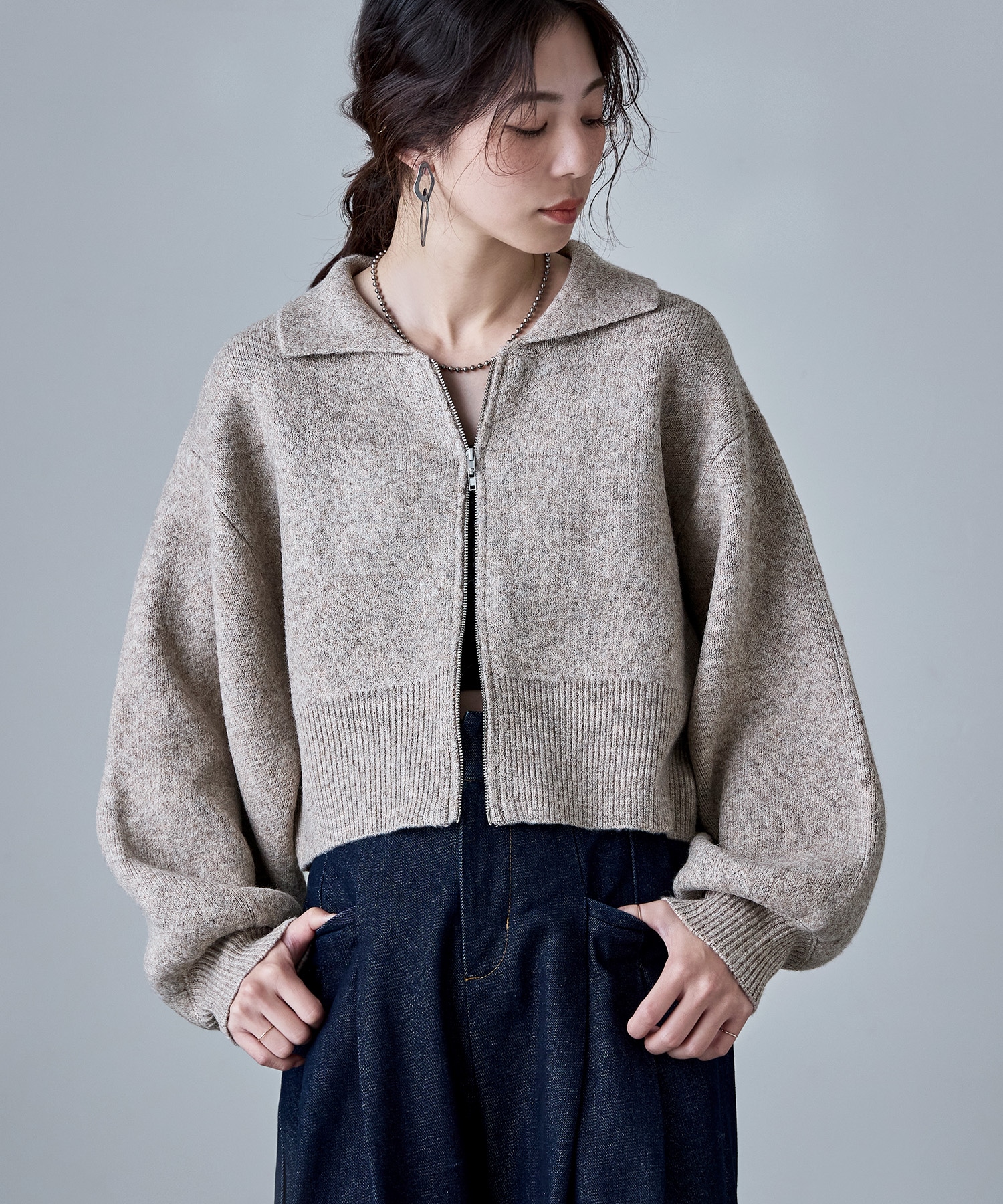 ダブルジップジャカードニットカーディガン トップス ニット アウター カーディガン 長袖 無地 ジャカード ジャガード MIXニット MIXカラー ダブルジップ ボリューム袖 クロップド