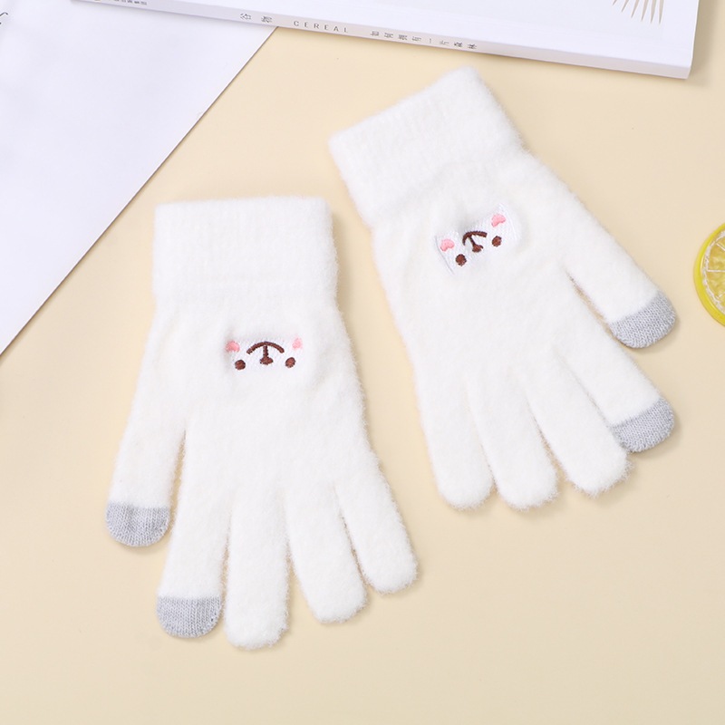 女性用の新しい刺繍手袋かわいい漫画の笑顔のクマ秋冬用の暖かく防寒性のあるニット手袋男性と女性用