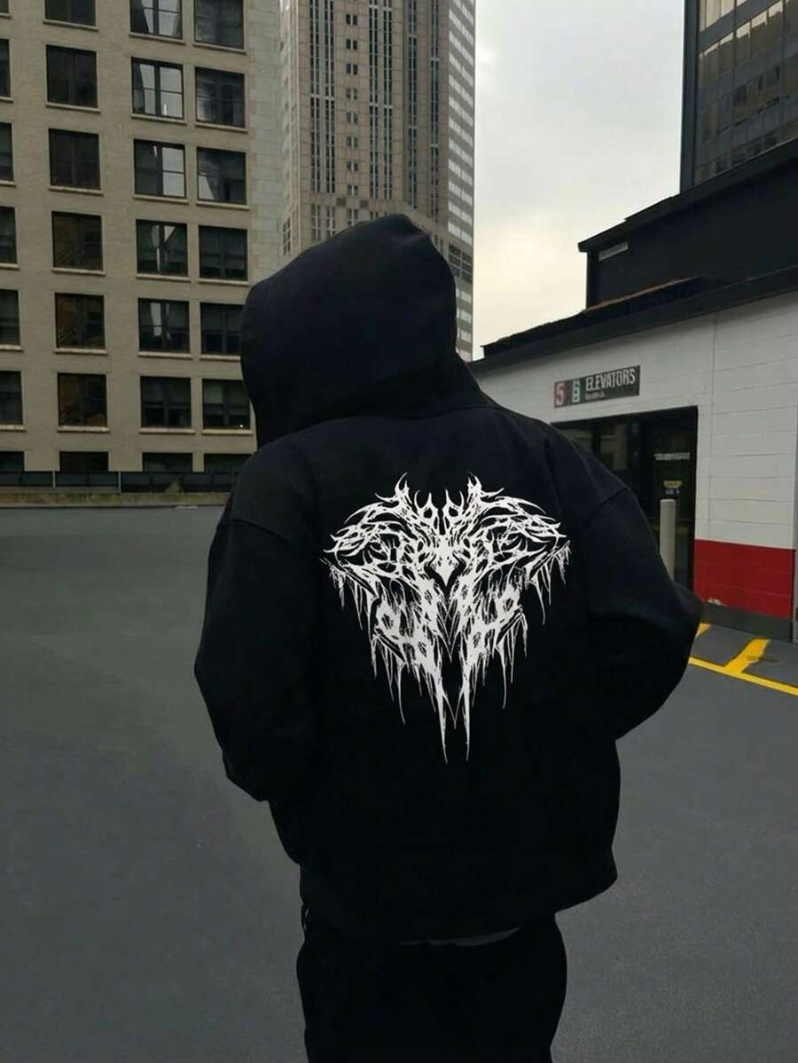 メンズカジュアルファッショナブルストリートパーカーカンガルーポケット紐付きプリントデザイン秋冬