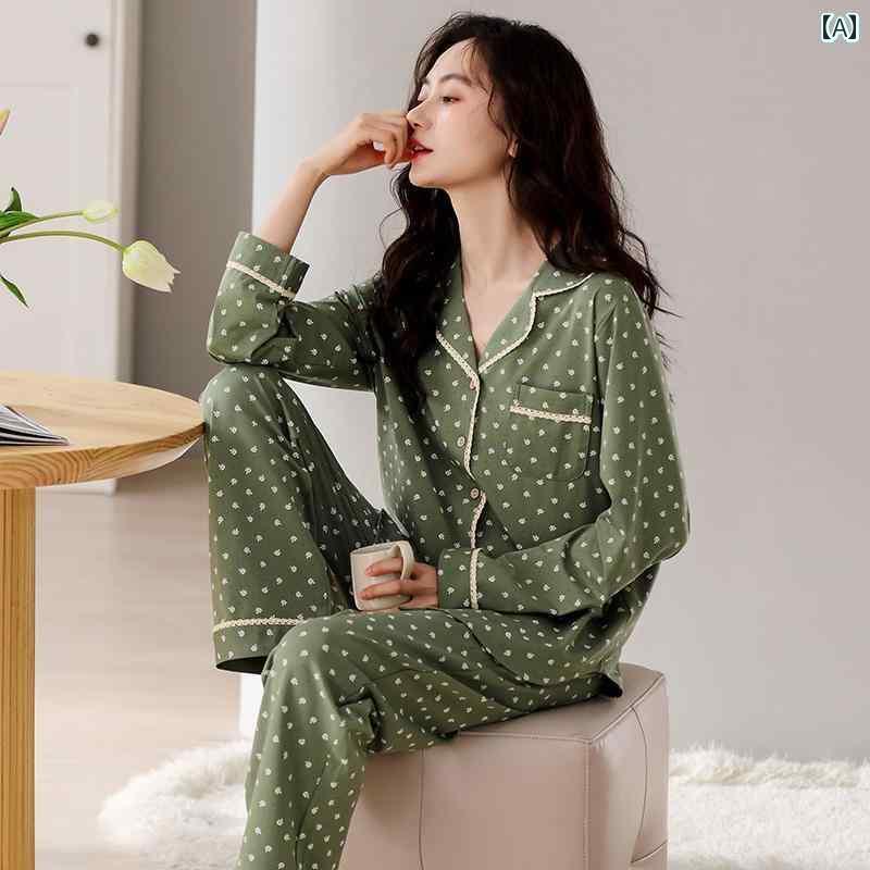 パジャマ　レディース　上下 女性用 パジャマ 2025 春 スタイル 綿 長袖 フレッシュ グリーン小 花柄 ホームウェア レディース 春秋 スーツ 5,619円