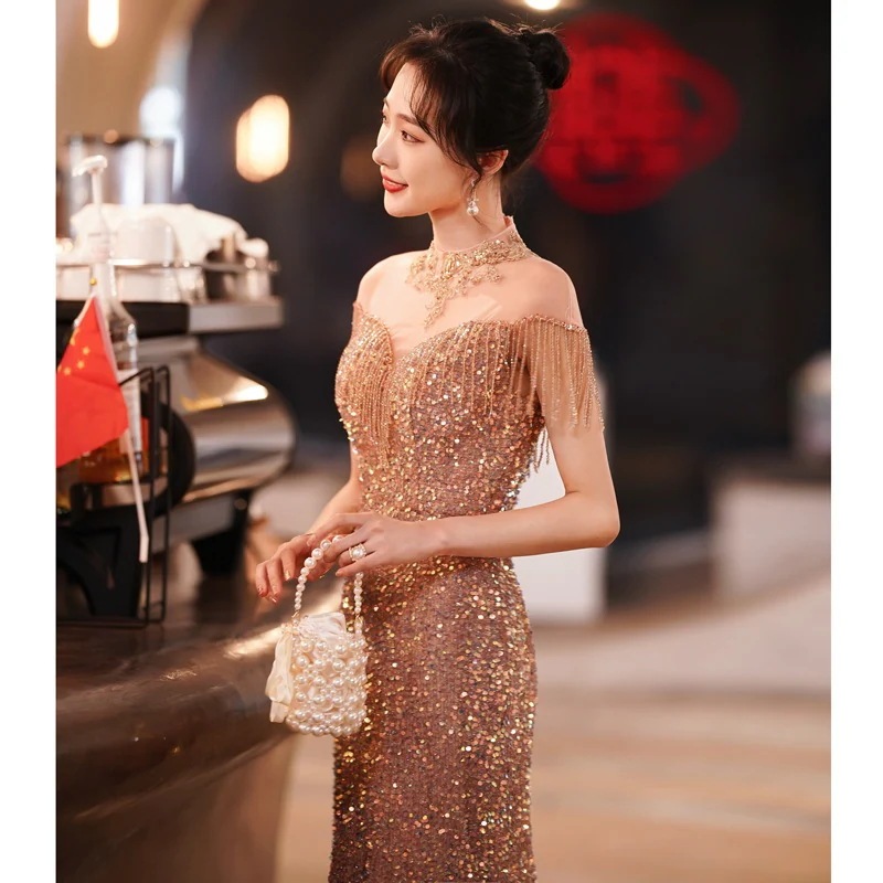 イブニングドレス女性2024フィッシュテールバンケットエレガントな気質のホストの威厳と雰囲気のドレス
