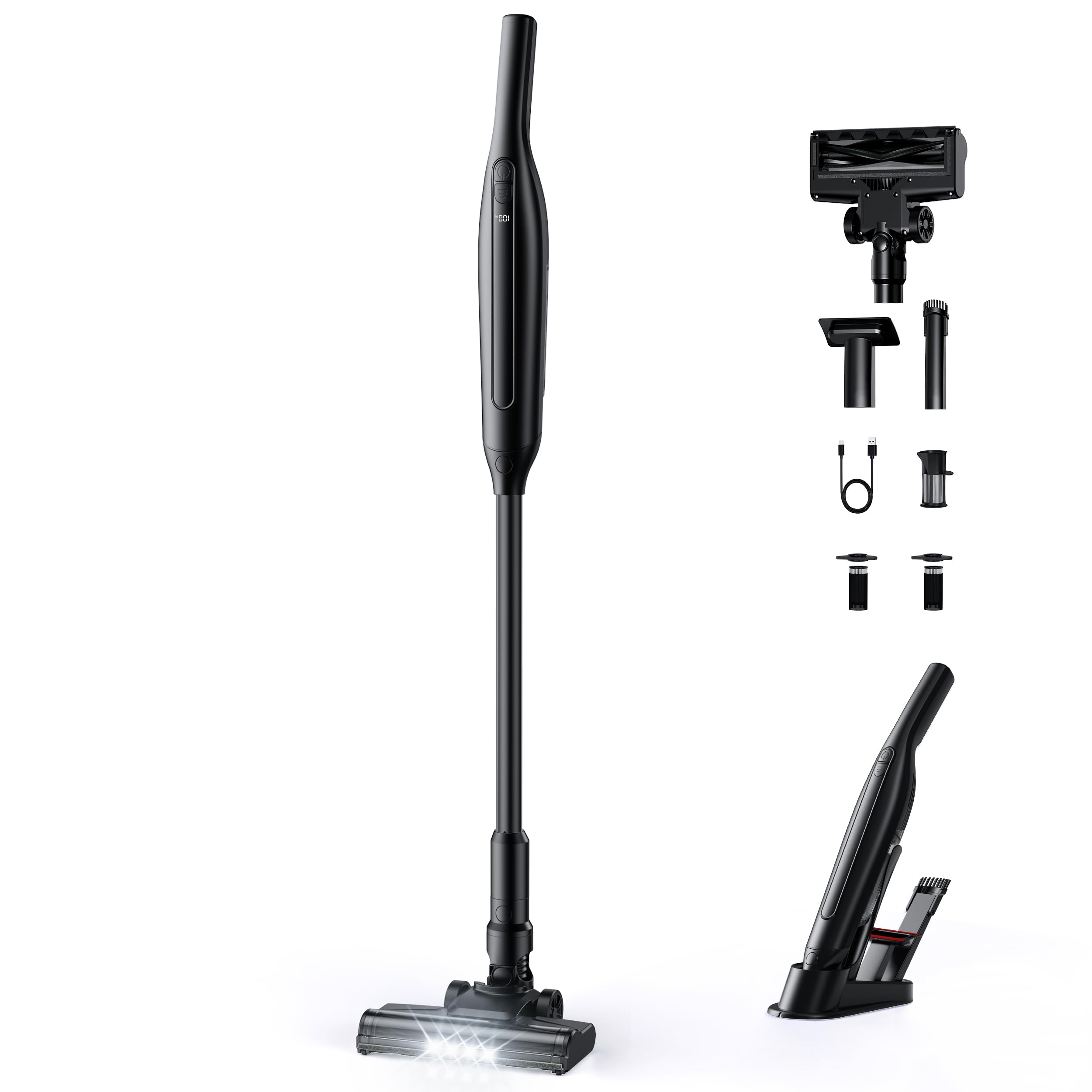 掃除機 コードレス 軽量 強力【2025最新型!業界初!38KPa強力吸引&超軽量0.6kg&スタンド不要の自立式&Type-C充電式&LEDライト】コードレス掃除機 サイクロン式 スティック掃除機