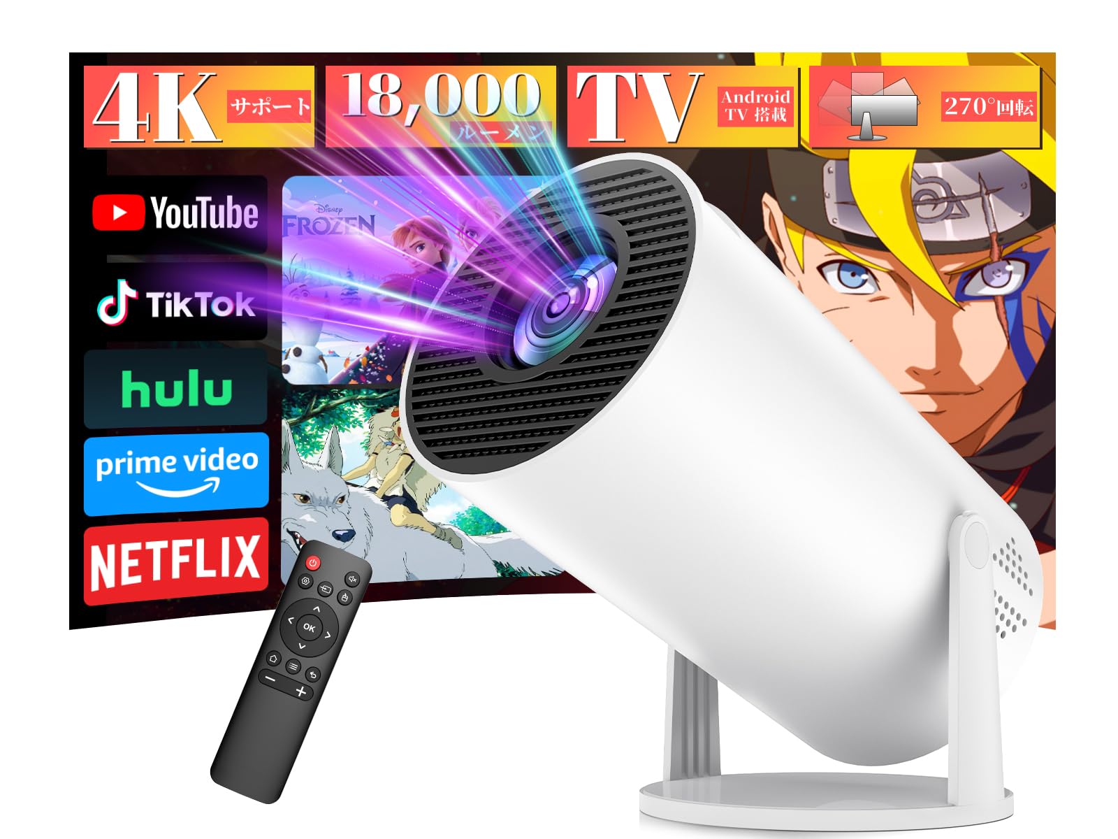 PliPla プロジェクター 家庭用【270回転・18000LM・4K対応・Android TV搭載 最新登場！ PSE認証済み】 プロジェクター 小型 高輝度 リアル1080P 天井投影 Wi-F 8,314円