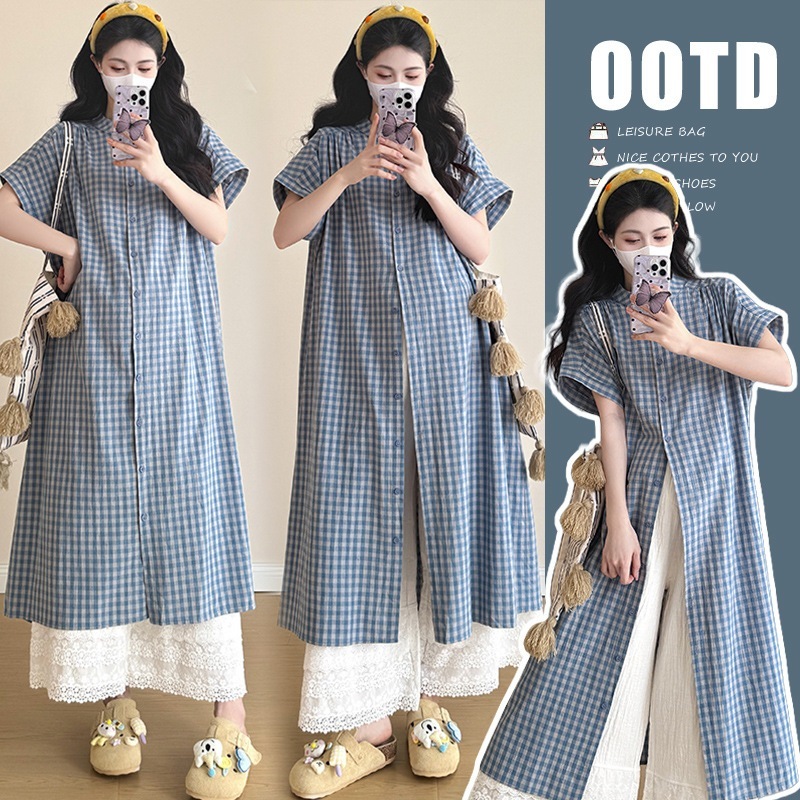 妊娠中の女性が春と夏の格子縞のゆるい長いシャツ +レース妊婦妊婦ワイドレッグパンツ2ピーススーツ