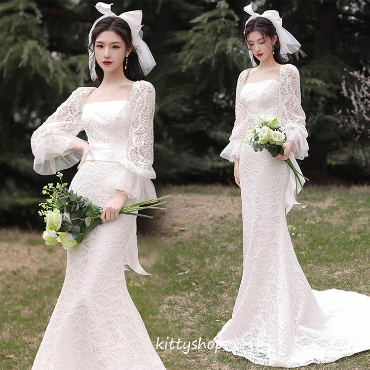 ウェディングドレス レースドレス マーメイドドレス トレーンドレス 結婚式ドレス 二次会ドレス 海外挙式 白 花嫁ドレス 長袖 ホワイトドレス 総レース キレイめ