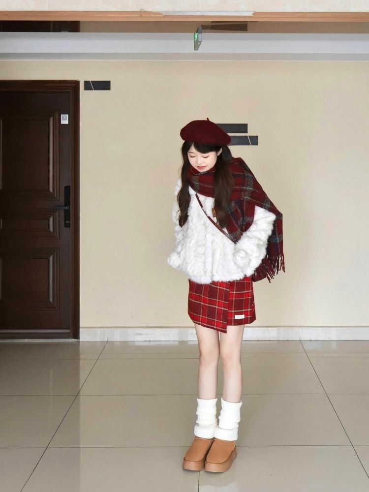 冬の洗練された韓系ムードお正月用セットアップスカート暖かく防寒毛羽のコートカーディガンチェックハーフスカート