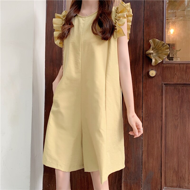 2color レディース オールインワン サロペット ノースリーブ フリル フリル袖 膝丈 ラウンド