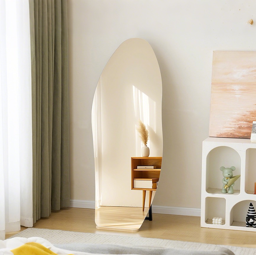 【ウェーブ形LEDなし】【45×155cm】全身鏡 ミラー 玄関 全身 姿見 おしゃれ ウェーブミラー スタンド 壁掛け 立て掛け DIY 自撮り鏡 姿見 ミラー 鏡 壁掛け鏡 全身鏡 飛散防止加工