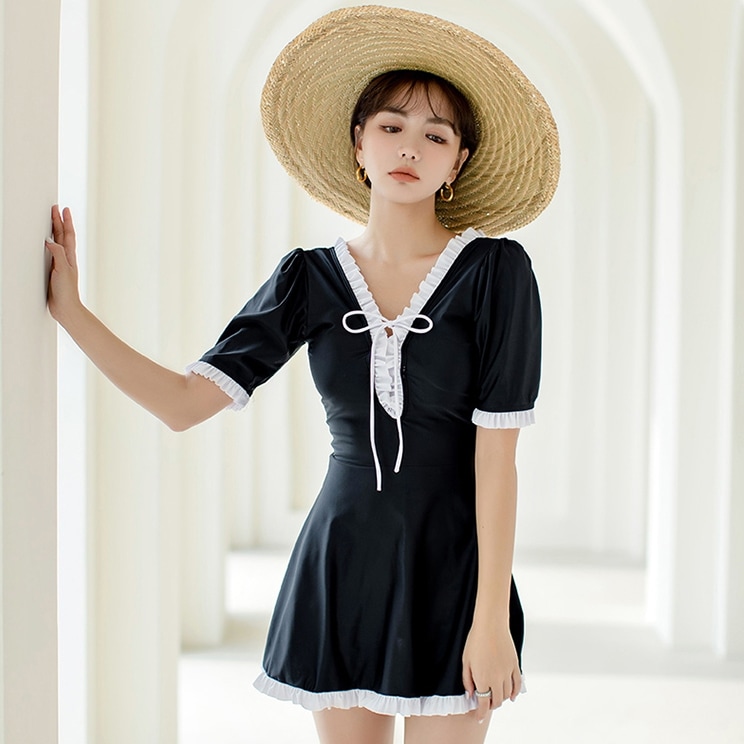 ワンピース水着 水着 ワンピース水着 体系カバー水着 ワンピース 半袖 リボン フリル ハイウエスト シャーリング 胸元 谷間 谷間魅せ 盛れる かわいい 大人可愛い きれいめ シンプル カジュアル
