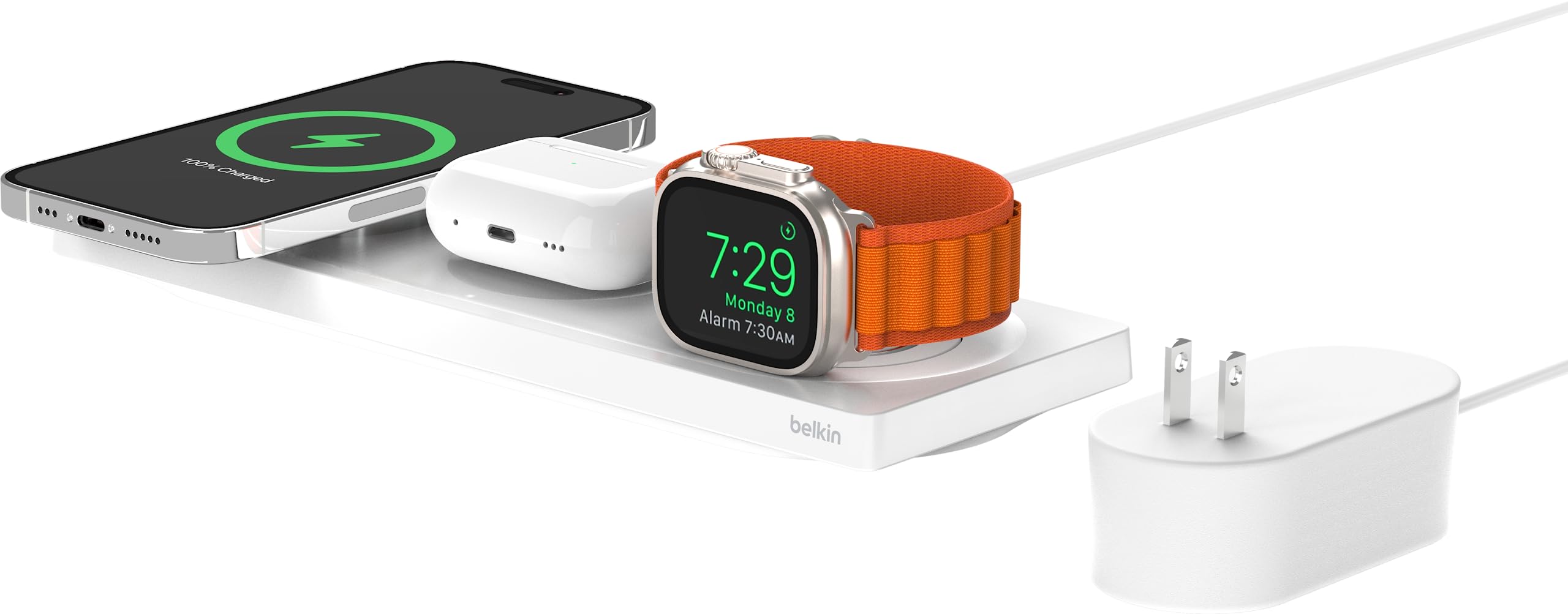 Belkin3 in 1 MagSafe充電器 最大15W高速充電 ワイヤレス充電器 MagSafe公式認証 iPhone17,16～12 Applewatch対応 8/7/Ultra 高速充電対応