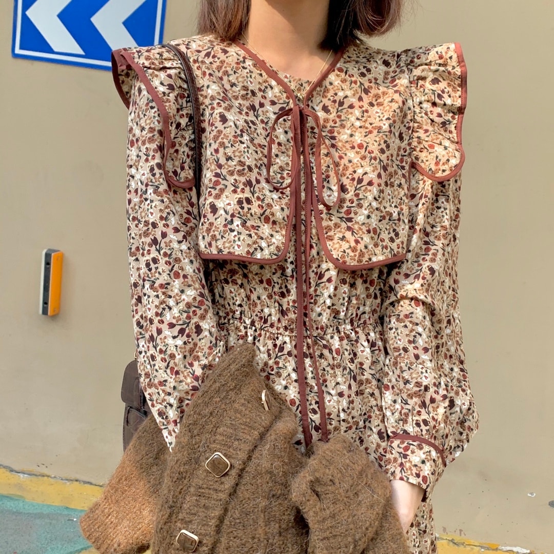 スカート ドレス 春 上品 おしゃれ 長袖 ワンピース レトロ クラシック ベージュ ガーリー