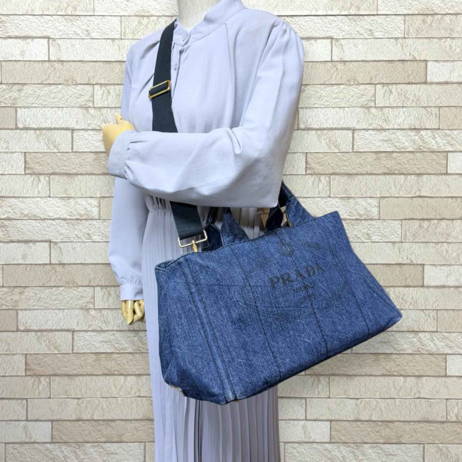 プラダ カナパトートM ショルダーバッグ デニム ブルー PRADA 中古
