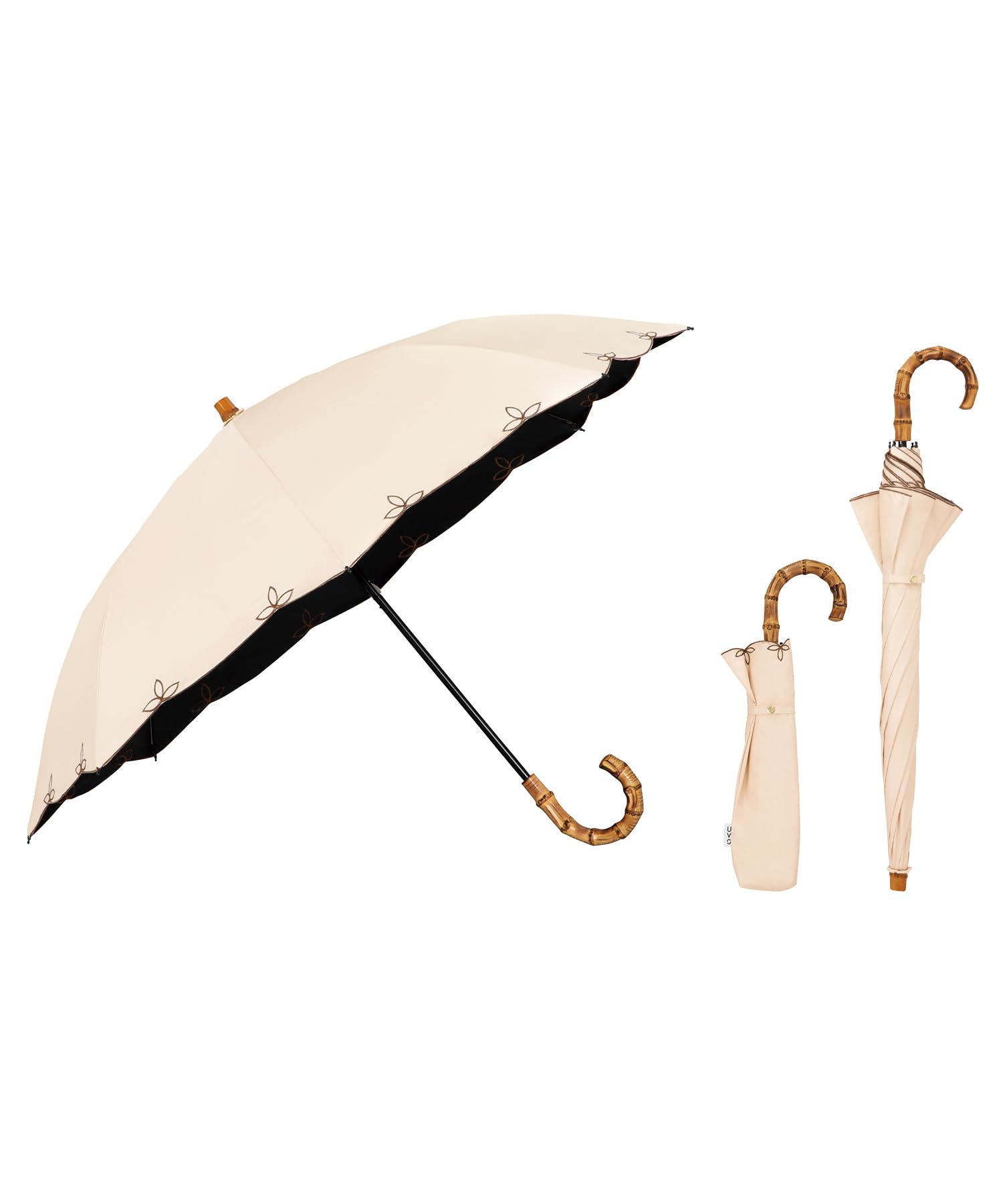 Wpc. 最強の日傘 UVO(ウーボ)折りたたみ傘/2段 刺繍スカラップ ベージュ遮光率&UVカット率100%/UPF50+/遮熱/晴雨兼用50cm レディース 長傘としても使える 2way バンブー