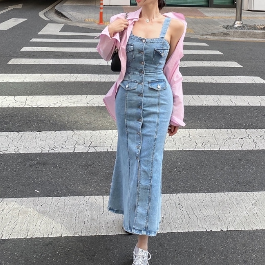 韓国ファッション マーメイドデニムサスペンダーワンピース 韓国スタイル 韓国女 ワンピース スカート デニム 韓国スカート 韓国トレンド 7,055円