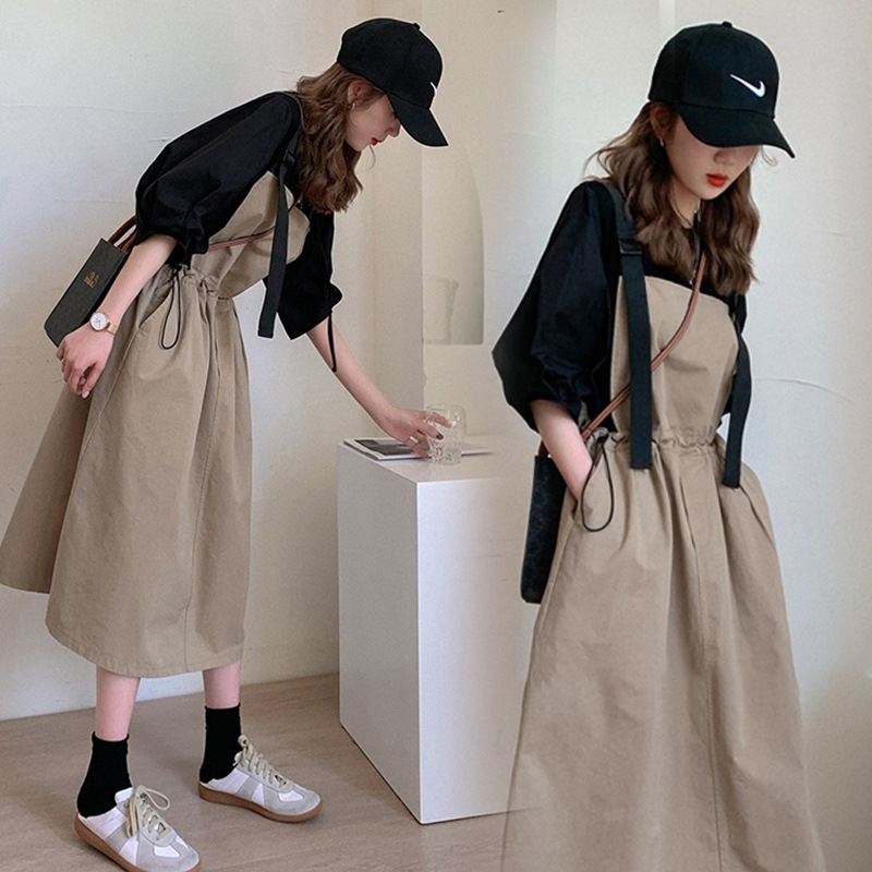 2点セット トップス ワンピース Tシャツ ミモレ丈 袖あり 半袖 ラウンドネック 襟なし ルーズ Aライン 伸縮性 プルオーバー 薄手 大人可愛い きれいめ シンプル カジュアル 大人 上品 お洒落