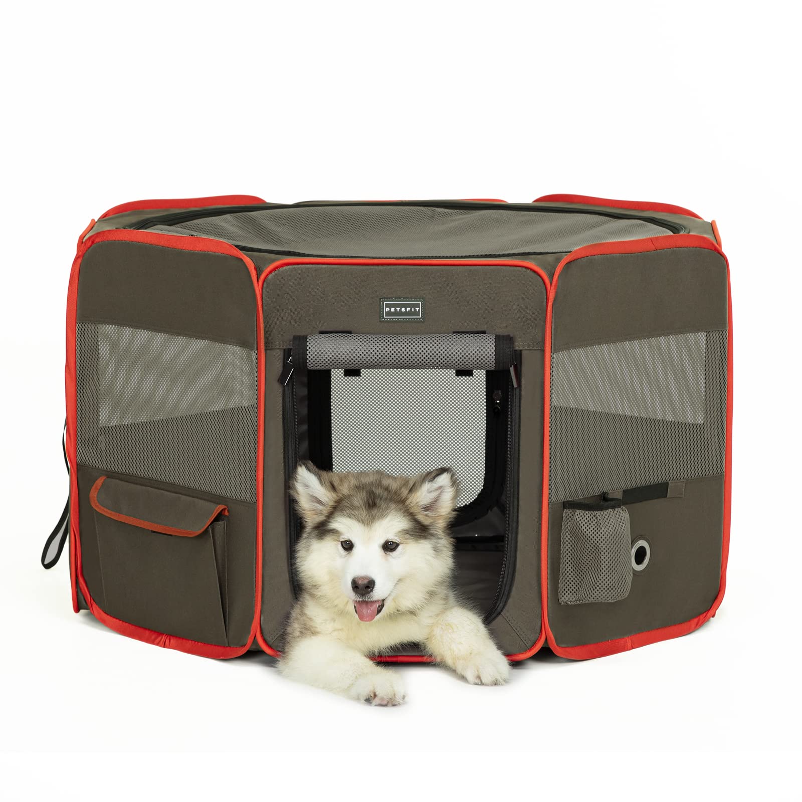 Petsfit 折りたたみサークル 八角形 プレイサークル 犬猫兼用 猫の分娩室 メッシュ 屋根付き 屋内 屋外 収納バッグ付き Mサイズ ブラウン