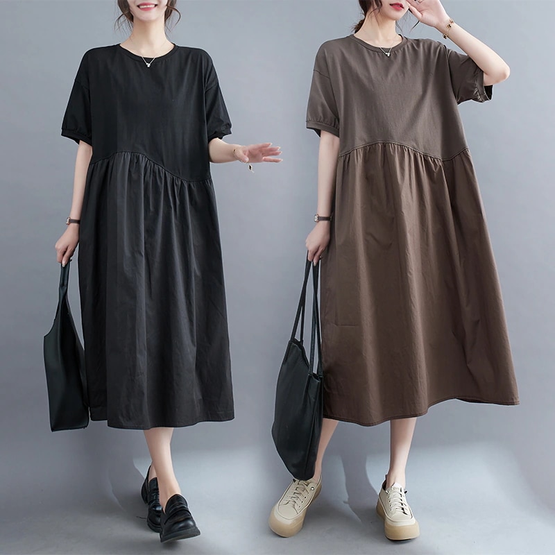 韓国夏の新型カジュアル文芸着痩せ無地切り替え半袖ワンピースTシャツワンピースマタニティウェア