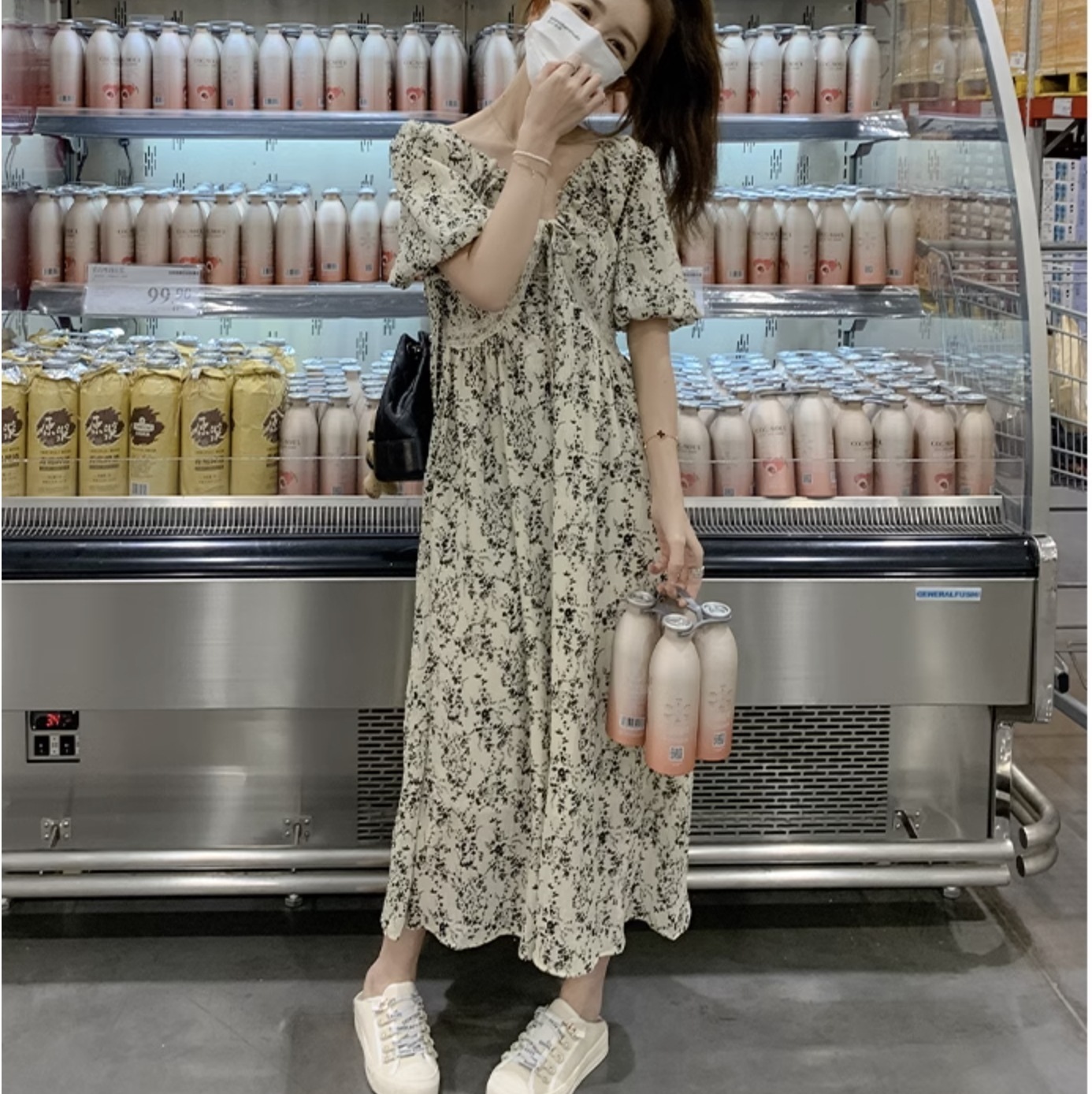 ワンピース レディース ワンピドレス フレアワンピース ロジスワンピ 個性的 夏服 ミモレ ロング 袖あり 五分袖 パフスリーブ バルーン袖 ぽわん袖 二の腕カバー Vネック フレア セミフ