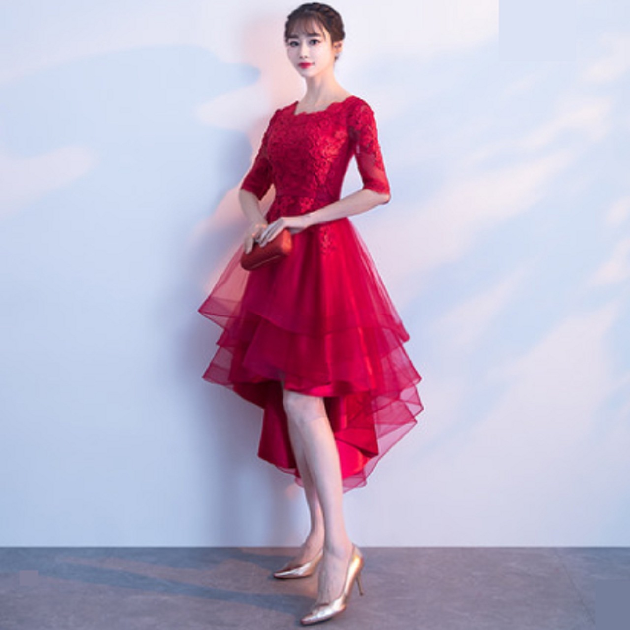 新作 フォーマル レディースドレス ワインレッド イブニングドレス バックロングドレス