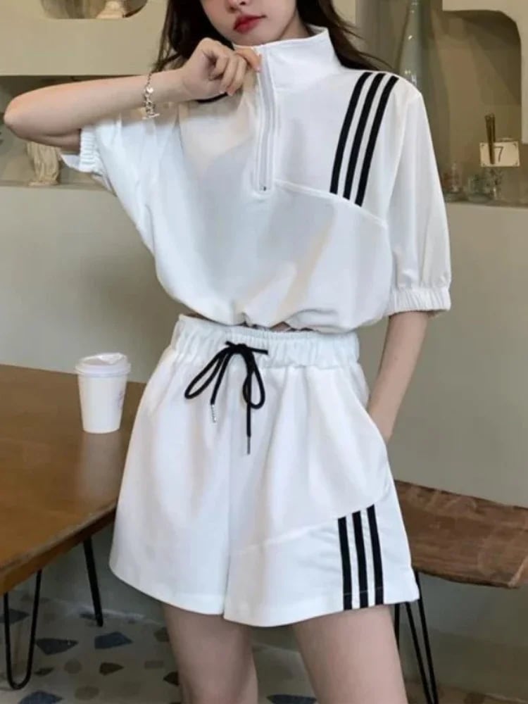 女性用ハイウエストスポーツスーツ,ショートTシャツ,伸縮性ウエストショーツ,家庭用ファッションセット,2個 - 200000345