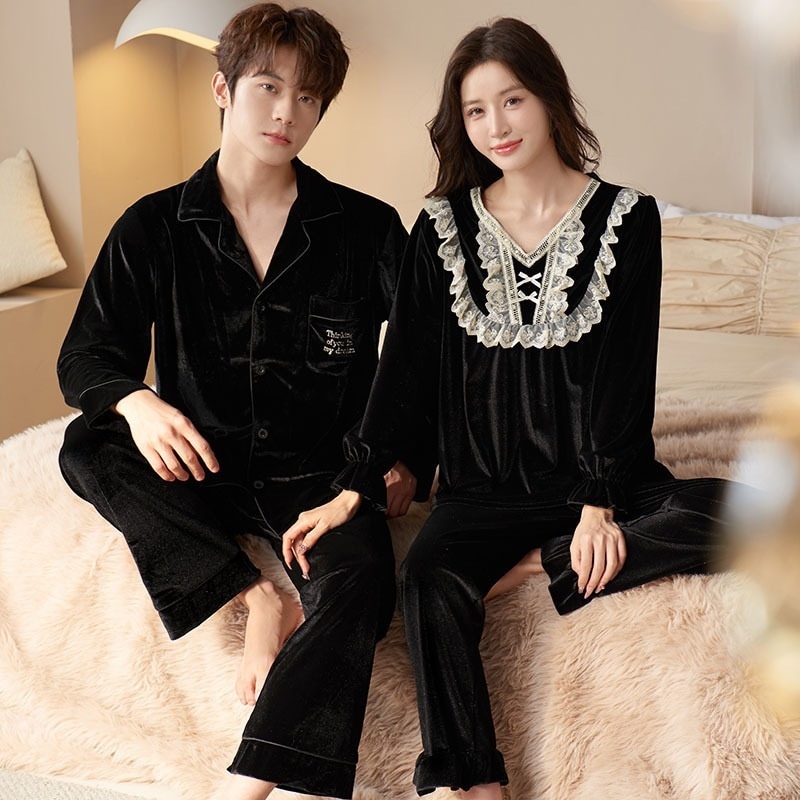 ベルベットカップルパジャマメンズとレディースの春秋冬用長袖ホームウェアセット2024年新スタイルプラスサイズゆったりフィット