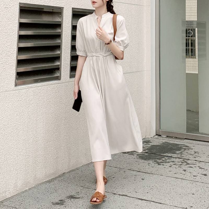 ワンピース シャツワンピース フレアワンピース ミモレ ミモレ丈 ロング ロング丈 袖あり 半袖 パフスリーブ Vネック 襟付き スタンドカラー 立ち襟 フレア リボン ウエストマーク
