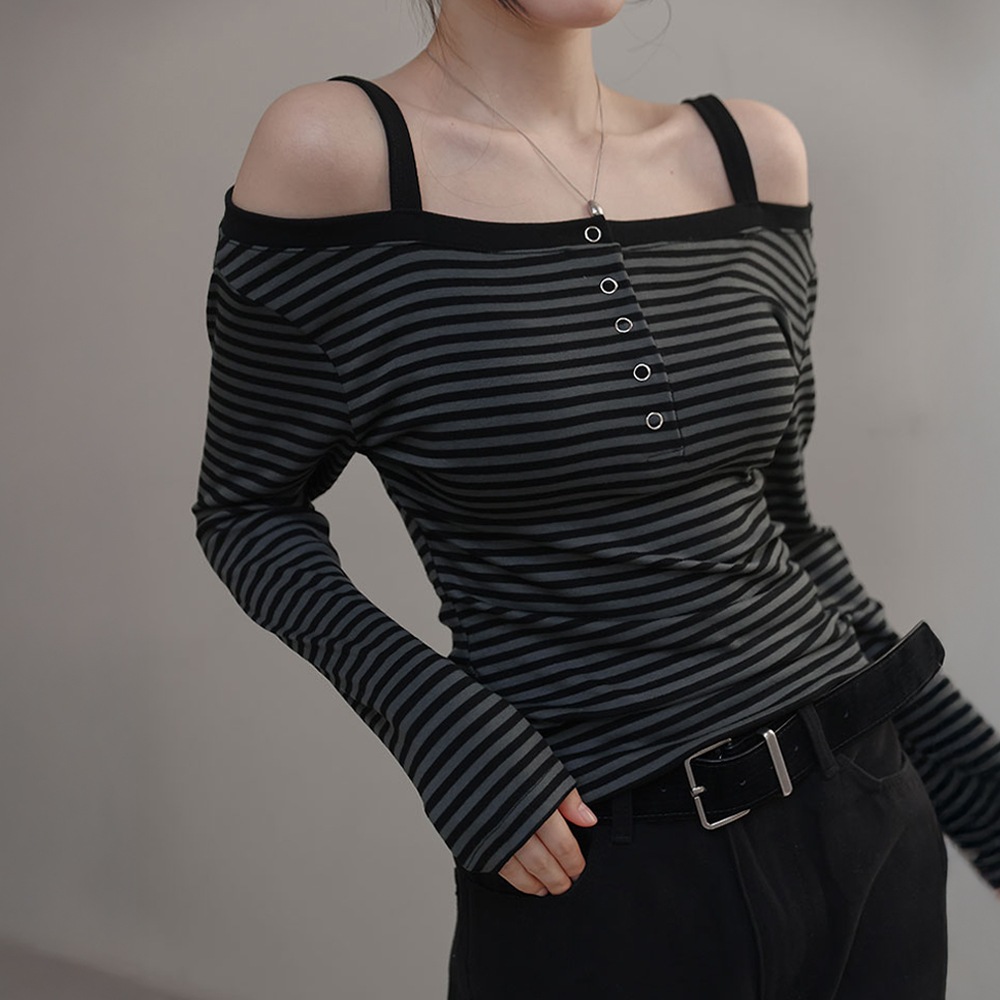 ビオルディレイヤードストライプオフショルダーティー