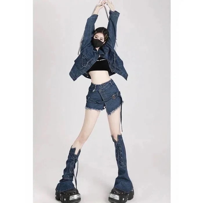 スパイスガールズデニムショートパンツスーツ女性春新作レトロストリートデザインセンスデニムジャケット3点セット