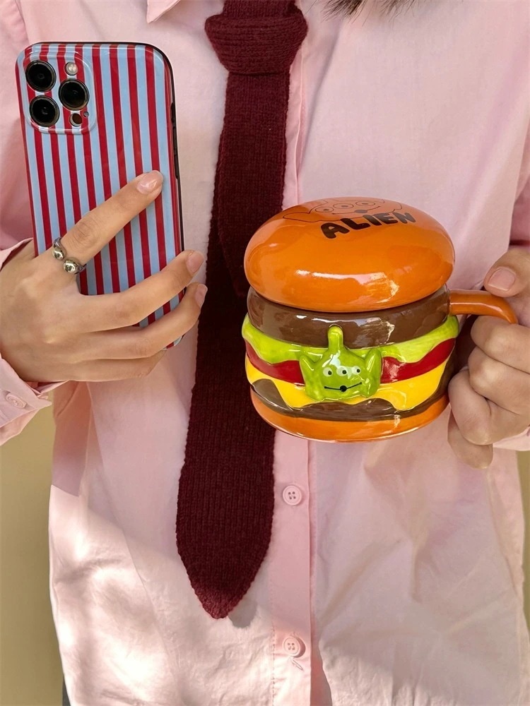 K31c スタイルアメリカンレトロ楽しいバーガー面白い 3d 大容量マグカップセラミックカップ蓋付きウォーターカップ耐性