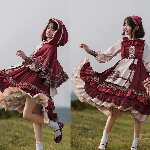 ロリータ コスプレ ハロウィン クリスマス メイド服 可愛いロリータ 2023新型ロリータ可愛い赤ずきん四季用ワンピースセットビッグコードコスプレ