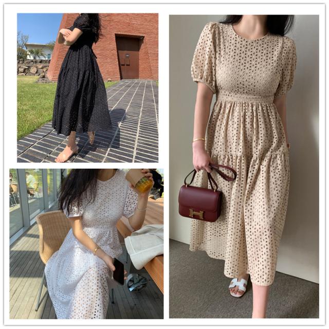 【短納期】新作 レースワンピース 透かし彫り ロングワンピース 半袖 体型カバー 春夏 おしゃれ