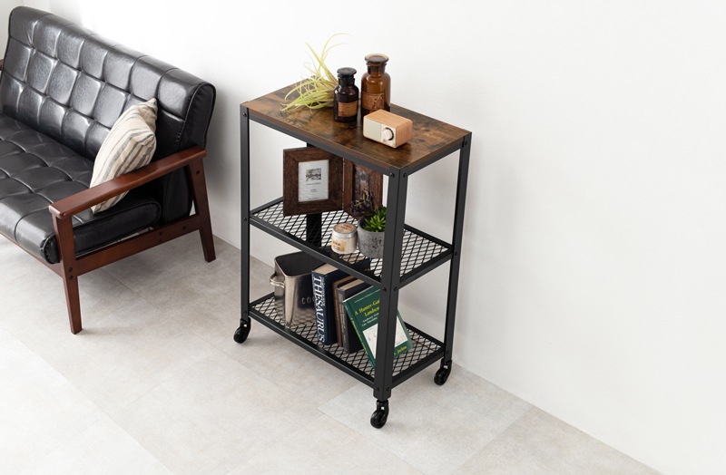ラック 棚 キャスターワゴン ヴィンテージ 古材風 木製 おしゃれ インダストリアル 艶消しブラック スチールメッシュ 幅60cm 省スペース